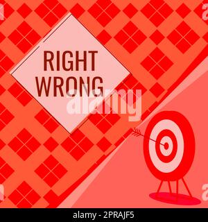 Textzeichen zeigt richtig falsch an. Konzeptfoto Wählen Sie zwischen zwei richtigen und schlechten Entscheidungen, um Ziel mit Bullseye für erfolgreich abgeschlossenes Projekt zu machen. Stockfoto