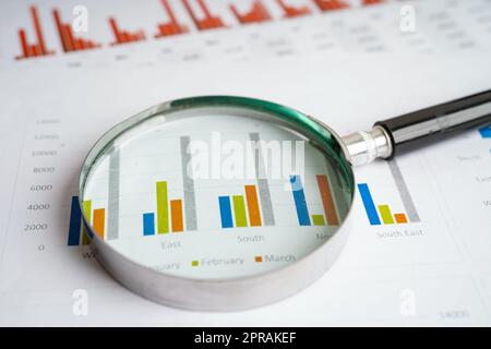 Vergrößerungsglas auf Karten Grafiken Papier. Finanzentwicklung, Bankkonto, Statistiken, Investment Analytic Research Data Economy. Stockfoto