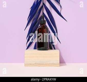 Eine braune Glasflasche mit einer Pipette auf violettem Hintergrund. Behälter für Kosmetika, Öle, Seren Stockfoto