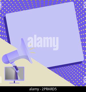 Hand Halten Eines Megafons auf dem Fernsehbildschirm. Hornlautsprecher Kündigt Wichtige Neuigkeiten Und Warnungen Auf Einem Leeren, Gepunkteten Hintergrund Des Papierbogens An. Platz Für Text Stockfoto