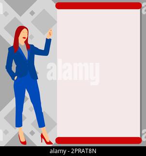 Businesslady Zeigt Mit Dem Finger Auf Eine Leere Zeichnung, Die Die Planung Zukünftiger Projekte Darstellt. Frau Punkte Blank Board Zeigt Die Neuesten Fortschritte Im Plan. Stockfoto