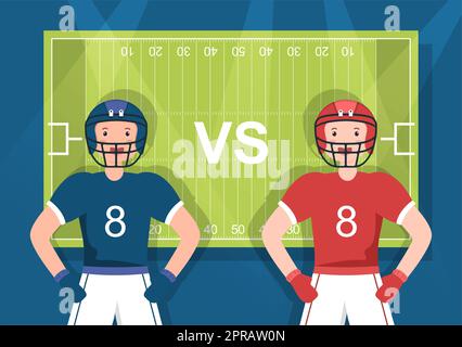 American Football Sports Player with the Game verwendet einen ovalen Ball und ist auf dem Feld von Hand gezeichnete Cartoon-flache Illustration braun Stockfoto