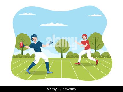 American Football Sports Player with the Game verwendet einen ovalen Ball und ist auf dem Feld von Hand gezeichnete Cartoon-flache Illustration braun Stockfoto