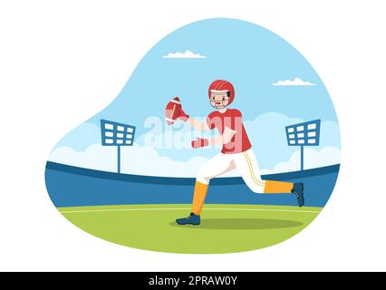 American Football Sports Player with the Game verwendet einen ovalen Ball und ist auf dem Feld von Hand gezeichnete Cartoon-flache Illustration braun Stockfoto