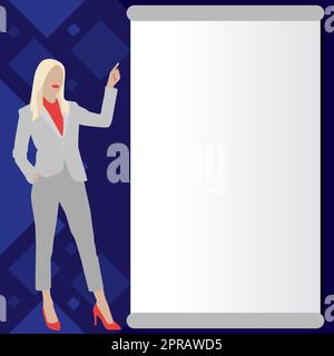 Businesslady Zeigt Mit Dem Finger Auf Eine Leere Zeichnung, Die Die Planung Zukünftiger Projekte Darstellt. Frau Punkte Blank Board Zeigt Die Neuesten Fortschritte Im Plan. Stockfoto