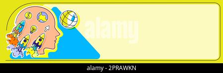 Die Silhouette Des Kopfes Ist Voller Ideen Als Rocket Symbols. Mann Denkt An Neue Informationen. Ein Geschäftsmann, Der Updates Mit Symbolen Zeigt. Entscheidungen Der Geschäftsleitung Im Hinterkopf. Stockfoto