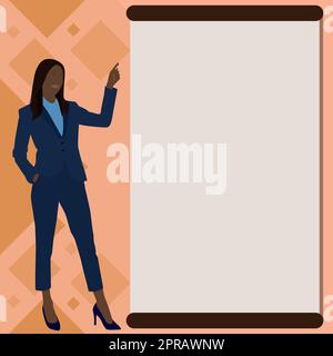 Businesslady Zeigt Mit Dem Finger Auf Eine Leere Zeichnung, Die Die Planung Zukünftiger Projekte Darstellt. Frau Punkte Blank Board Zeigt Die Neuesten Fortschritte Im Plan. Stockfoto