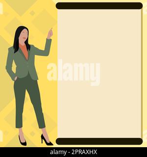 Businesslady Zeigt Mit Dem Finger Auf Eine Leere Zeichnung, Die Die Planung Zukünftiger Projekte Darstellt. Frau Punkte Blank Board Zeigt Die Neuesten Fortschritte Im Plan. Stockfoto