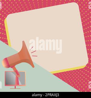 Hand Halten Eines Megafons auf dem Fernsehbildschirm. Hornlautsprecher Kündigt Wichtige Neuigkeiten Und Warnungen Auf Einem Leeren, Gepunkteten Hintergrund Des Papierbogens An. Platz Für Text Stockfoto