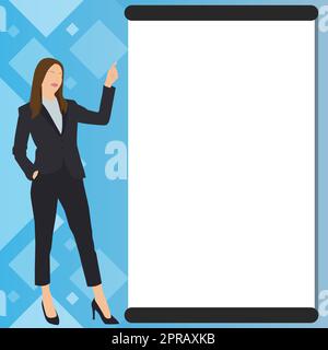 Businesslady Zeigt Mit Dem Finger Auf Eine Leere Zeichnung, Die Die Planung Zukünftiger Projekte Darstellt. Frau Punkte Blank Board Zeigt Die Neuesten Fortschritte Im Plan. Stockfoto