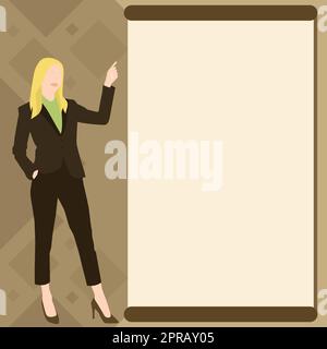 Businesslady Zeigt Mit Dem Finger Auf Eine Leere Zeichnung, Die Die Planung Zukünftiger Projekte Darstellt. Frau Punkte Blank Board Zeigt Die Neuesten Fortschritte Im Plan. Stockfoto