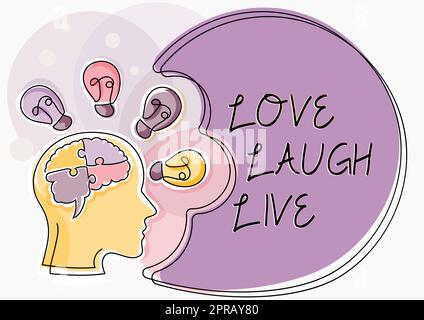 Konzeptionelle Überschrift Love Laugh Live. Wort geschrieben auf Be Inspired positive Enjoy Your Days Laching guter Humor Mann with Puzzled Brain Thinking New Ideas shown on Presentation Board. Stockfoto