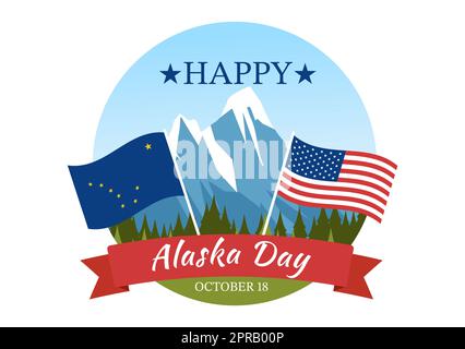 Happy Alaska Day am 18. Oktober handgezeichnete Cartoon-Flachillustration mit Flaggenschwenken in der Winterlandschaft als Vorlage für Banner oder Poster Stockfoto