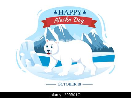 Happy Alaska Day am 18. Oktober handgezeichnete Cartoon-Flachillustration mit Flaggenschwenken in der Winterlandschaft als Vorlage für Banner oder Poster Stockfoto