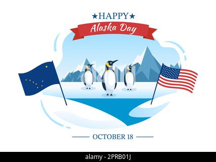 Happy Alaska Day am 18. Oktober handgezeichnete Cartoon-Flachillustration mit Flaggenschwenken in der Winterlandschaft als Vorlage für Banner oder Poster Stockfoto