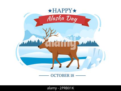 Happy Alaska Day am 18. Oktober handgezeichnete Cartoon-Flachillustration mit Flaggenschwenken in der Winterlandschaft als Vorlage für Banner oder Poster Stockfoto