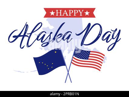 Happy Alaska Day am 18. Oktober handgezeichnete Cartoon-Flachillustration mit Flaggenschwenken in der Winterlandschaft als Vorlage für Banner oder Poster Stockfoto