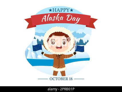 Happy Alaska Day am 18. Oktober handgezeichnete Cartoon-Flachillustration mit Flaggenschwenken in der Winterlandschaft als Vorlage für Banner oder Poster Stockfoto