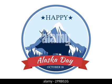 Happy Alaska Day am 18. Oktober handgezeichnete Cartoon-Flachillustration mit Flaggenschwenken in der Winterlandschaft als Vorlage für Banner oder Poster Stockfoto