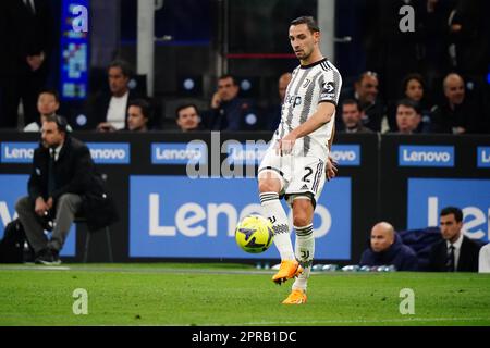 Mattia De Sciglio (FC Juventus) während des italienischen Pokals, Coppa Italia, Halbfinale, 2.-teiliges Fußballspiel zwischen dem FC Internazionale und dem FC Juventus am 26. April 2023 im Giuseppe Meazza Stadion in Mailand, Italien – Foto Luca Rossini/E-Mage Stockfoto
