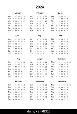 Kalender 2024. Druckbarer Kalender für 2024. Sonntagsbeginn. Minimalistischer Style. Stockfoto