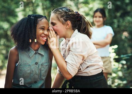 Hüten Sie sich vor der Gefahr von Mobbing. Zwei Mädchen im Teenageralter, die im Sommerlager über ihre Freundin reden. Stockfoto