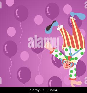 Ein Clown Steht Kopfüber Auf Einer Hand Und Hält Den Ballon Mit Der Anderen. Comedian Mit Brille Und Farbenfrohes Wig Making Amusement. Mann Feiert Geburtstag. Stockfoto