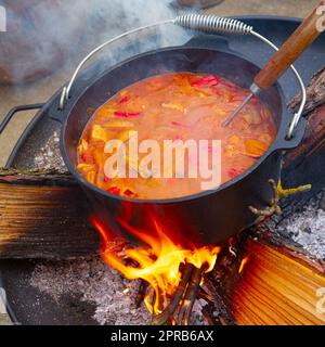 Über einem offenen Feuer wird Wassergulasch zubereitet! Stockfoto