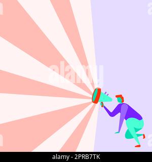 Abbildung eines Geschäftsmannes, der mit Megaphon in einer Hand kniet und eine wunderbare Neuankündigung macht. Ein sitzender Mann zeichnet brillante Late Advertisement. Stock Vektor