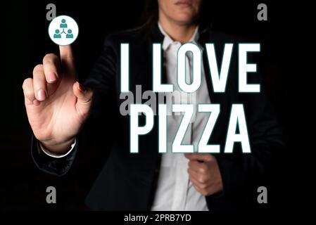 Konzeptionelle Ausstellung I Love Pizza. Geschäftsüberblick, um viel italienisches Essen mit Käse, Schinken, Peperoni in Scheiben zu mögen, Geschäftsfrau, die mit einem Finger auf wichtige Infortmationen zeigt. Stockfoto