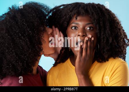 Setzen Sie den Wasserkocher auf, ich habe etwas Tee zum Verschütten. Studioaufnahme einer jungen Frau, die vor blauem Hintergrund in das Ohr ihrer Freunde flüstert. Stockfoto