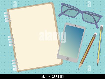 Notizbuchzeichnung Mit Brillen Für Mobile Geräte Zwei Stifte. Notizblock Design Neben Telefon Sonnenbrillen Paar Stifte Mit Organisiertem Tisch. Stock Vektor
