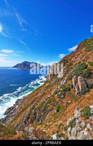 Foto der Küste vom Shapmans Peak. Ein Foto der Küste vom Shapmans Peak, in der Nähe der Hout Bay. In der Nähe von Kapstadt, Südafrika. Stockfoto