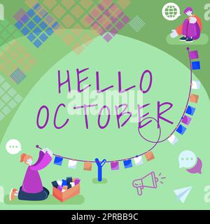 Schreiben mit Text Hallo Oktober. Geschäftsidee Letztes Quartal, zehnter Monat 30days, Saison Begrüßung sitzende Frau, die spricht und wichtige Notizen auf String schreibt. Stockfoto