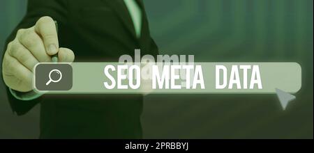 Konzeptionelle Beschriftung Seo-Metadaten. Konzept Suchmaschinenoptimierung Online-Marketingstrategie Mann hält Ein Tablet projiziert Eine Kamera und zeigt kreative Fotografie. Stockfoto