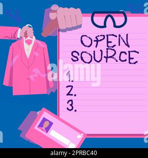 Handschriftliches Schild Open Source. Internetkonzept, das Software bezeichnet, die den ursprünglichen Quellcode frei verfügbar hat Hände halten Uniform zeigen neue offene Karrierechancen an. Stockfoto