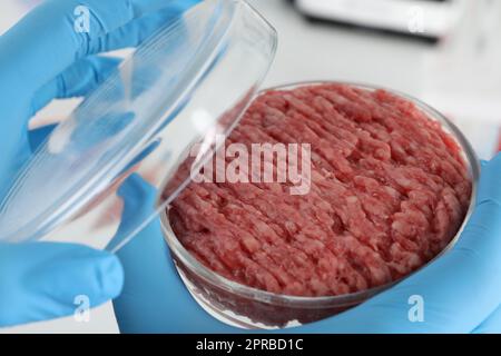 Wissenschaftler, der Petrischale mit rohem Hackfleisch hält, Nahaufnahme Stockfoto