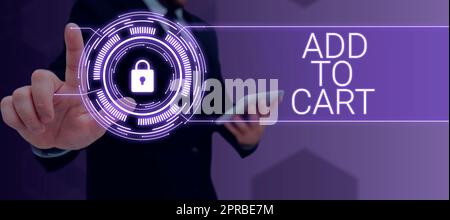 Textbeschriftung mit „in den Warenkorb legen“. Geschäftsidee Online-Einkauf E-Commerce mit modernen Technologien können Geschäftsleute im Anzug einkaufen, die ihre Hand offen halten und so erfolgreiche Teamarbeit symbolisieren. Stockfoto