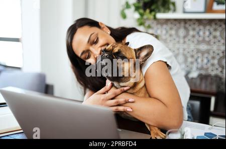 Ein Haus ist nie einsam, wo ein liebevoller Hund wartet. Eine junge Frau, die mit ihrem Hund auf dem Schoß sitzt, während sie von zu Hause aus arbeitet. Stockfoto