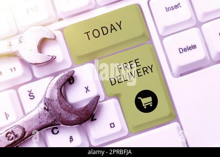 Text mit Inspiration Kostenlose Lieferung. Übersicht der Unternehmen Versandpaket Cargo Courier Distribution Center Fragile -49167 Stockfoto