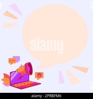 Laptop-Zeichnung Teilen Happy Comments Und Gute Reaktionen In Der Chat Cloud Über Megaphone. Tablet-Zeichnung, die eine wunderbare Rezension über Ein Bullhorn verteilt. Stock Vektor