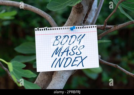 Handschriftliches Zeichen Body Mass Index. Konzeptbedeutung Wert abgeleitet vom Gewicht und der Größe eines einzelnen Notizbuchblatts, das für die Geschäftsförderung an einer Baumstruktur befestigt ist. Stockfoto