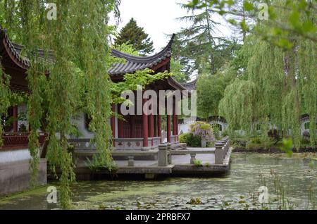 HAREN, NIEDERLANDE - 23. MAI 2022: Wunderschöner Blick auf das orientalische Gebäude in der Nähe des Teiches im chinesischen Garten Stockfoto