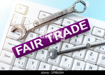 Konzeptionelle Bildunterschrift Fair Trade. Wort geschrieben auf kleine Erhöhung von einem Hersteller, was sie an einen Hersteller bezahlt -48905 Stockfoto