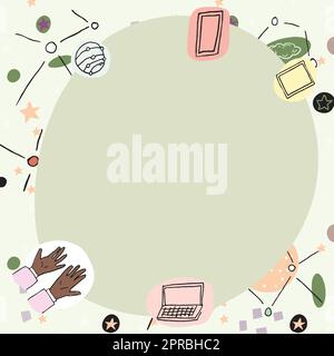 Leeres Poster mit modernen Technologiesymbolen. Leerer Rahmen umgeben von mehrfarbigen Laptop-Mobiltelefonen, die Wissenschaft und Technologie darstellen. Stock Vektor