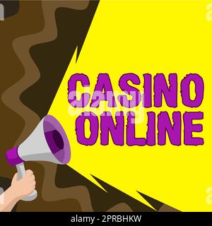 Text mit Inspiration Casino Online. Business Concept Computer Poker Game Gamble Royal Bet Lotto High Stakes man Holding Megaphone und Präsentation wichtiger Informationen. Stockfoto