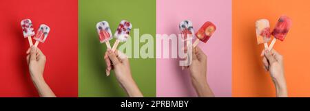 Collage mit Fotos von einer Frau, die Beereneis auf verschiedenfarbigem Hintergrund hält, Nahaufnahme. Bannerdesign Stockfoto