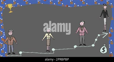 Das Business-Team Steht Auf Der Treppe Zum Erfolg Mit Trophäe Und Geldbeutel An Den Seiten. Geschäftsmänner Und Geschäftsfrauen, Die Eine Wichtige Entwicklungsbotschaft Präsentieren. Stock Vektor