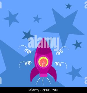 Rakete Verlässt Feuer Und Präsentiert Wichtige Botschaft. Raumschiff Fliegt Im Himmel Und Zeigt Grausame Informationen. Neue Ideen Vorgestellt. Stock Vektor