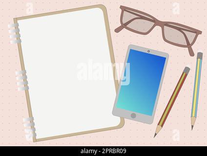 Notizbuchzeichnung Mit Brillen Für Mobile Geräte Zwei Stifte. Notizblock Design Neben Telefon Sonnenbrillen Paar Stifte Mit Organisiertem Tisch. Stock Vektor